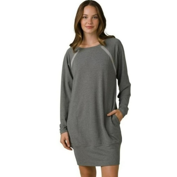 NEW Prana Ashy Gray Rosie Sweatshirt Dress Long Sleeves Banded Hem Size XS - Picture 1 of 6